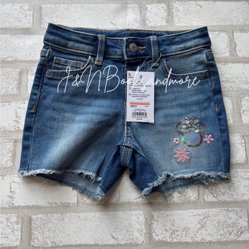 Girls Disney Minnie Mouse Sequin Logo Mid Rise Jean Shorts Size 5
